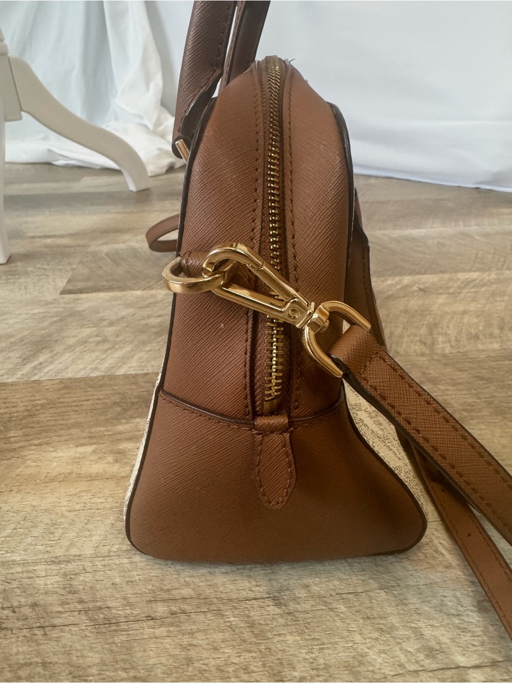 Michael Kors Cream MK Logo Clutch with Brown Leather Trim and shoulder strap - Picture 5 of 15